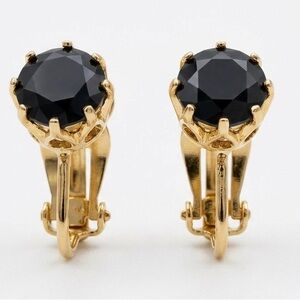 Vintage Gold Tone Black Onyx Style Clip-On Earrings | Crown Setting